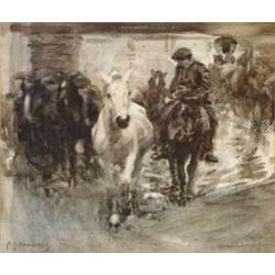 Sir Alfred Munnings (1878-1959) Watercolour, Study for "The Ford", Signed A J Munnings, 10.5 x 12...