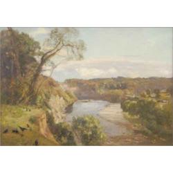 Sir David Murray R.A (1849-1933) oil on canvas On the Tees signed and inscribed on panelled woode...