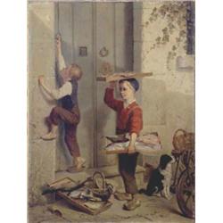 Norbert Joseph Horgnies (19th C.) Belgian Unframed oil on canvas, Boys selling fish at a doorway,...