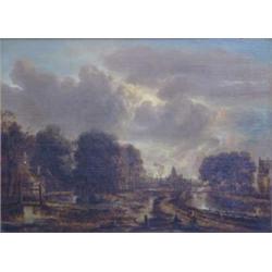 Circle of Aert Van Der Neer (1603-1677) Dutch Oil on wooden panel, A moonlit landscape, Bears mon...