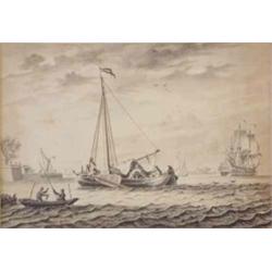 Attributed to Willem Van der Velde Pen and ink, shipping off the shore, 6 x 8.75 ins....