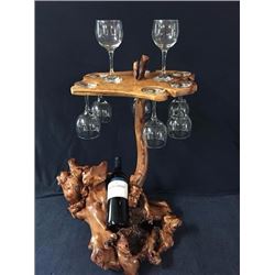 Burl Wood Wine Rack with 6 Glasses and Bottle of Wine