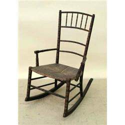 FINE VICTORIAN PAINTED AND GILT DECORATED FAUX BAMBOO ROCKER, American. 19th Century. The backr...