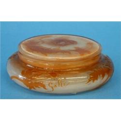 GALL+ FIRE POLISHED CAMEO GLASS BOX AND COVER, French. Circa 1900. Signed in cameo GallT. Of ci...