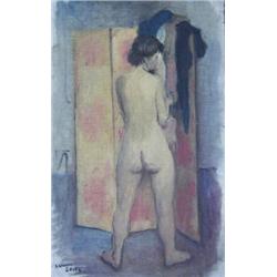 RAFAEL SOYER (American. 1899-1987), "Nude Female Near Screen". Signed Raphael Soyer l/l., Oil...