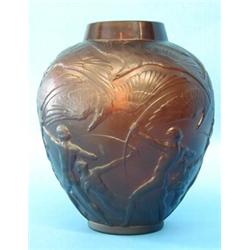 R. LALIQUE MOLDED AND FROSTED DEEP RED AMBER GLASS "ARCHERS" VASE, French. Circa 1925. Molded R...