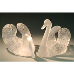 PAIR OF LALIQUE MOLDED AND FROSTED CRYSTAL "SWANS", French. Signed Lalique France. Catalogue No...