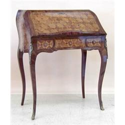LOUIS XV STYLE GILT BRONZE MOUNTED PARQUETRY BUREAU EN PENTE, French. 19th Century. The slant f...