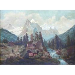 J. WALTON (Austrian. 19th Century), "Cabins Beside Mountain Stream". Signed J. Walton and dated...