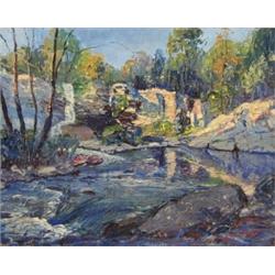JOHN E. BERNINGER (American. 20th Century), "River Through Wooded Rocky Landscape". Signed J.E....