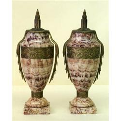 PAIR OF EMPIRE STYLE GILT BRONZE MOUNTED MARBLE CASSOLETTES, French. Late 19th Century. Of tape...