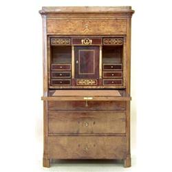 BIEDERMEYER BURL AND WALNUT FALL FRONT SECRETAIRE, German. 19th Century. The molded pediment ab...