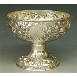 FINE REPOUSSE STERLING SILVER FOOTED BOWL, American. 1880-1890. Maker: S. Kirk & Son. Of circul...