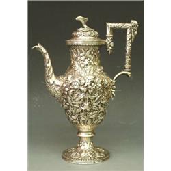 VERY FINE REPOUSSE STERLING SILVER COFFEE POT, American. 1880-1890. Maker: S. Kirk & Son. Of ba...