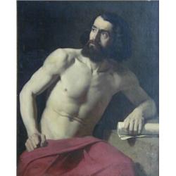 ITALIAN SCHOOL (19th Century), "Portrait of a Seated Semi-Nude Male Figure". Bears signature Ha...