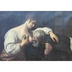 AFTER ORAZIO GENTILESCHI (Italian. 1562-1647), "Roman Charity". Unsigned., Oil on Canvas. Mea...