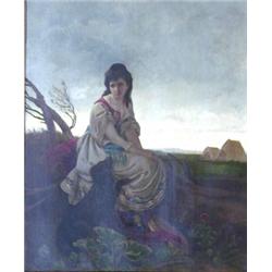 RENGAW (German. 19th Century), "Young Lady and Dog in Rural Landscape". Signed Rengaw and inscr...