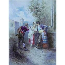 PORCELAIN PLAQUE, Italian. Circa 1910. Painted with two young men courting a young lady on a vi...
