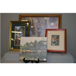 Collection of prints including still life, garden scene, Greek portraits and a dock scene