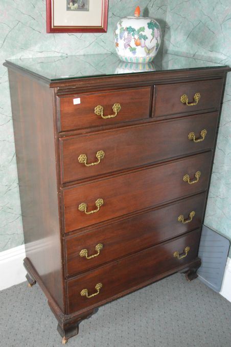Six Drawer Solid Mahogany Highboy With Glass Top