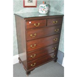 Six drawer solid mahogany highboy with glass top