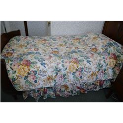 Six burgundy curtains and two flower motif twin sized bed linens with skirts