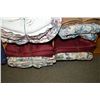 Image 2 : Six burgundy curtains and two flower motif twin sized bed linens with skirts