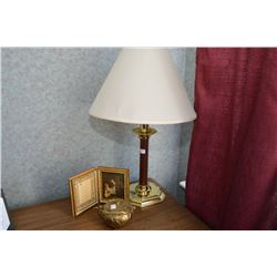 Brass teapot, house blessing prayer and a semi-contemporary table lamp