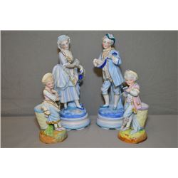 Two pairs of German bisque figurines including gentleman and lady 11" in height and a pair of small 