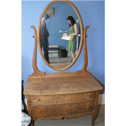 Two drawer oak dresser with large oval mirror