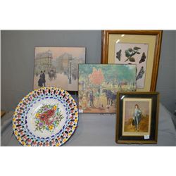 Collection of prints including butterfly reference, blue boy, carnival scene and floral motif decora