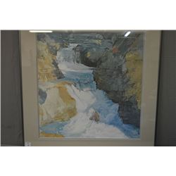 Framed print of a water fall scene, signed by artist W.J Phillips 1951.
