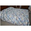 Image 1 : Floral bed linens in blue, greens and yellows, double size. with brown curtain
