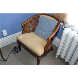 A pair of curved back side chair with button tufted upholstery and rattan backs
