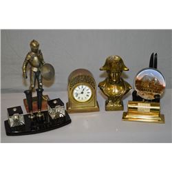Selection of vintage desk pieces including brass clock with enamel dial, working at time of catalogu
