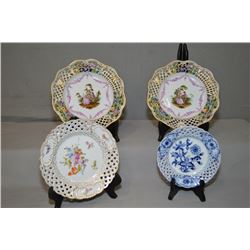 Four German porcelain plates including matched set of pierced edge Dresden hand painted love story p