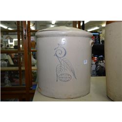 Lidded Redwing pottery 5 gallon crock, note damage to lid
