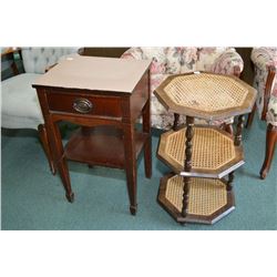Regency style single drawer side table and a three tiered rattan table