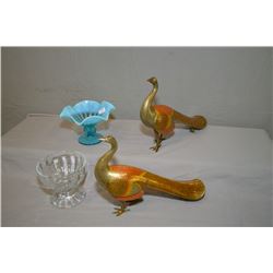 Blue glass comport, clear glass dish and two brass peacocks