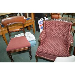 Vintage upholstered button tufted parlour chair and a upholstered antique Victorian side chair with 