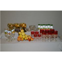 Selection of vintage glassware including six hand painted wine goblets, spice jars, glass grapes etc