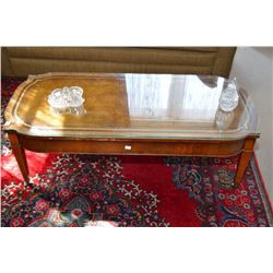 Walnut leather topped coffee table with straight leg supports, castors and fitted glass top Rm 105