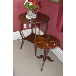 Two tiered oak occasional table and single pedestal round side table- Rm 105