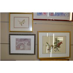 Selection of three frames prints including berries, Greek statues, and cardinals -Rm 105