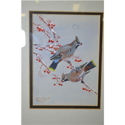 Framed acrylic painting "Bohemian Wax Wing" signed by artist Edgard T. James 1996 8" X 6"