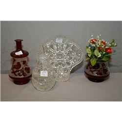 Small table top decor pieces including crystal dish, pinwheel crystal pear, two cranberry painted va