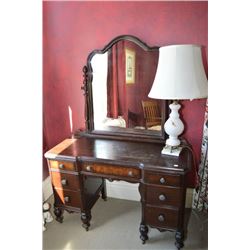 Antique Queen Anne style oak mirrored vanity with seven drawers and castors, Rm 105