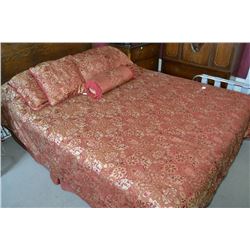 Queen size bed linens in reds and gold and six red curtain- Rm 105