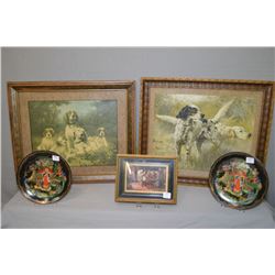 Pair of wall hanging collector plates with painted scenes and two vintage prints of dogs and a pub s
