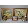 Image 1 : Pair of wall hanging collector plates with painted scenes and two vintage prints of dogs and a pub s